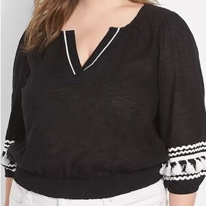 Lane Bryant Blouse Women's Size 20 Black Embroiderd Tassel V Neck 3/4 Sleeve NWT